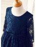 Navy Blue Lace Long Sleeves Slit Back Knee Length Flower Girl Dress  